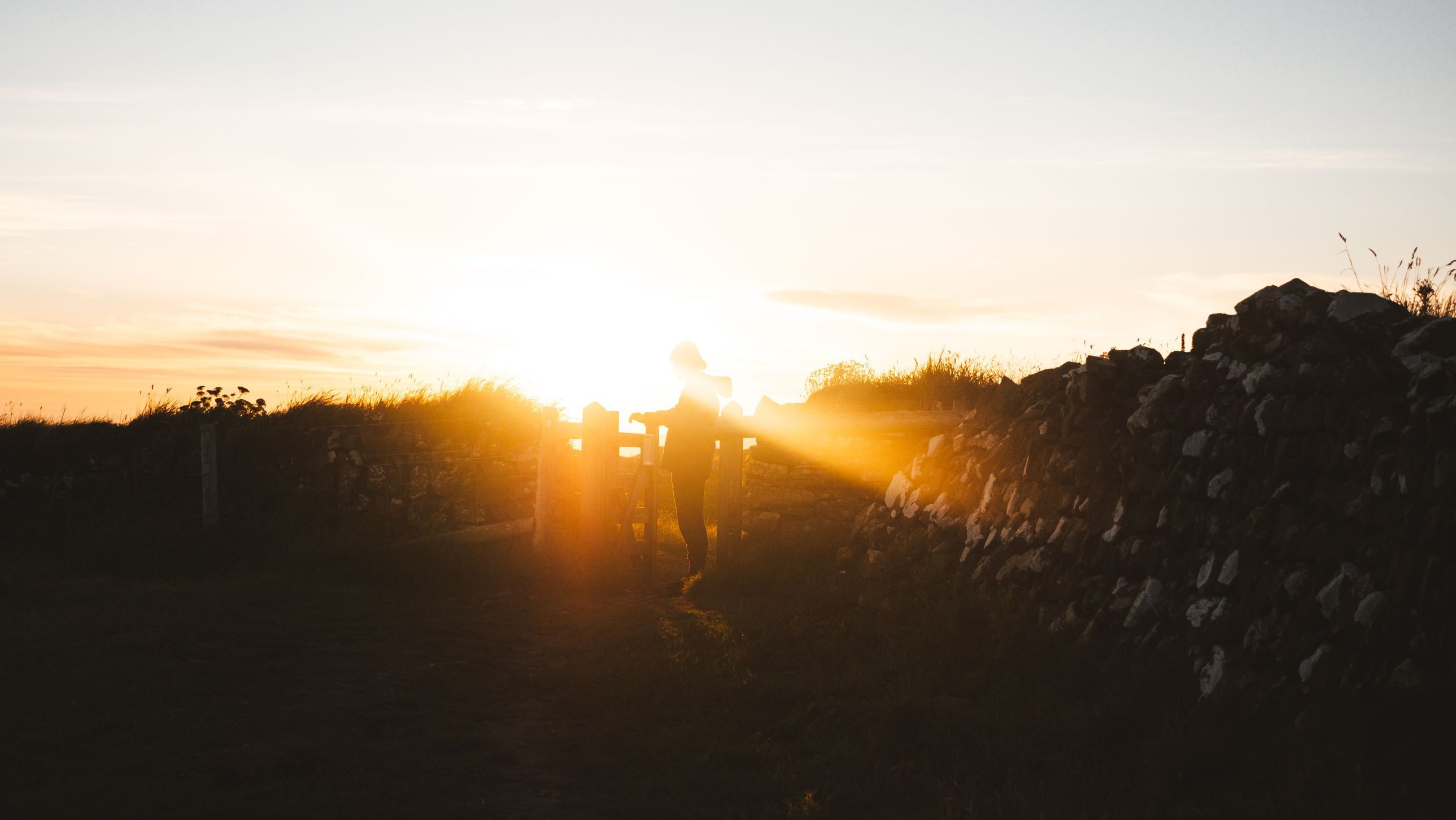 Silhouette of man closing gate in field