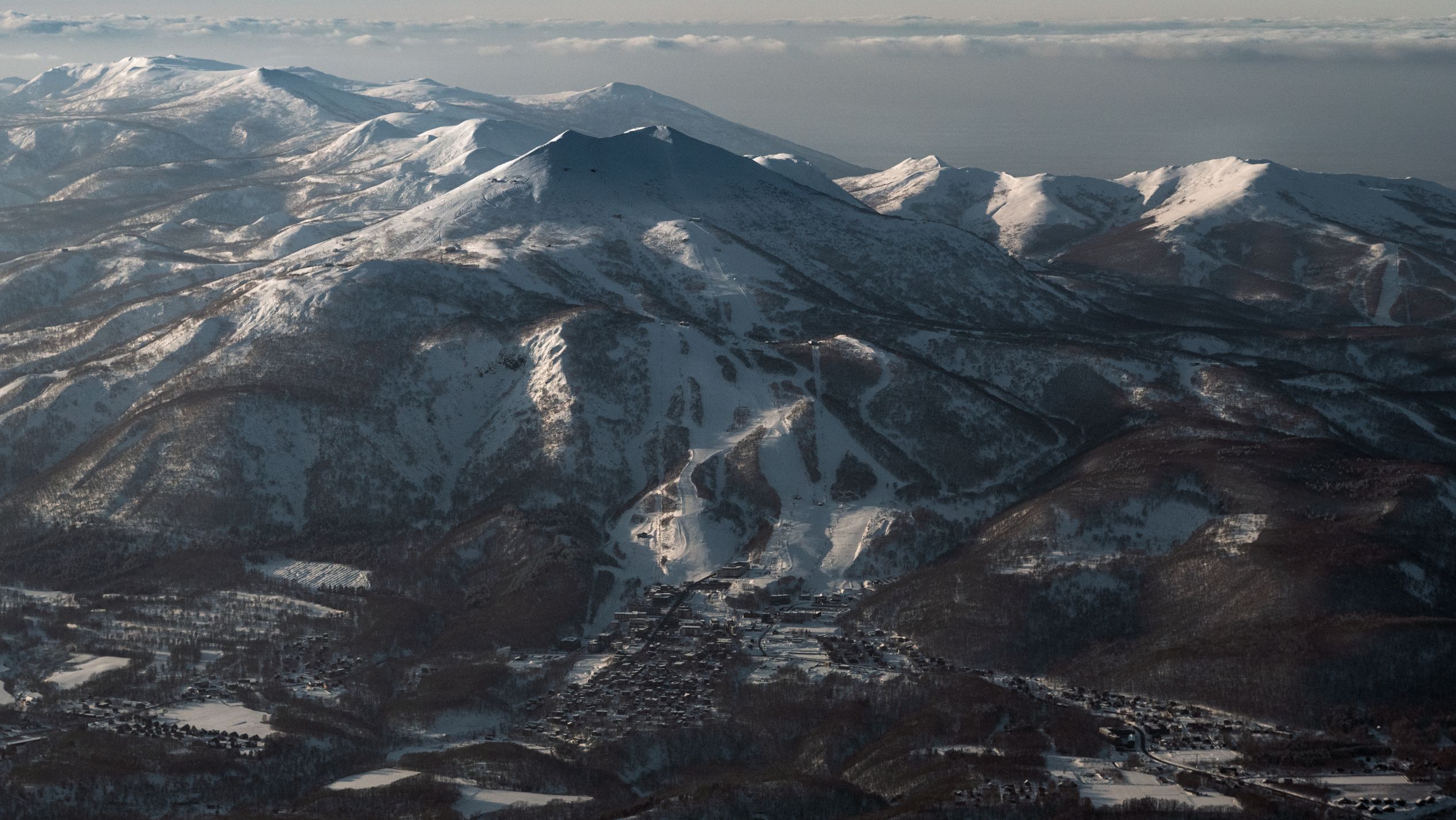 Aerial shot of ski resort. 