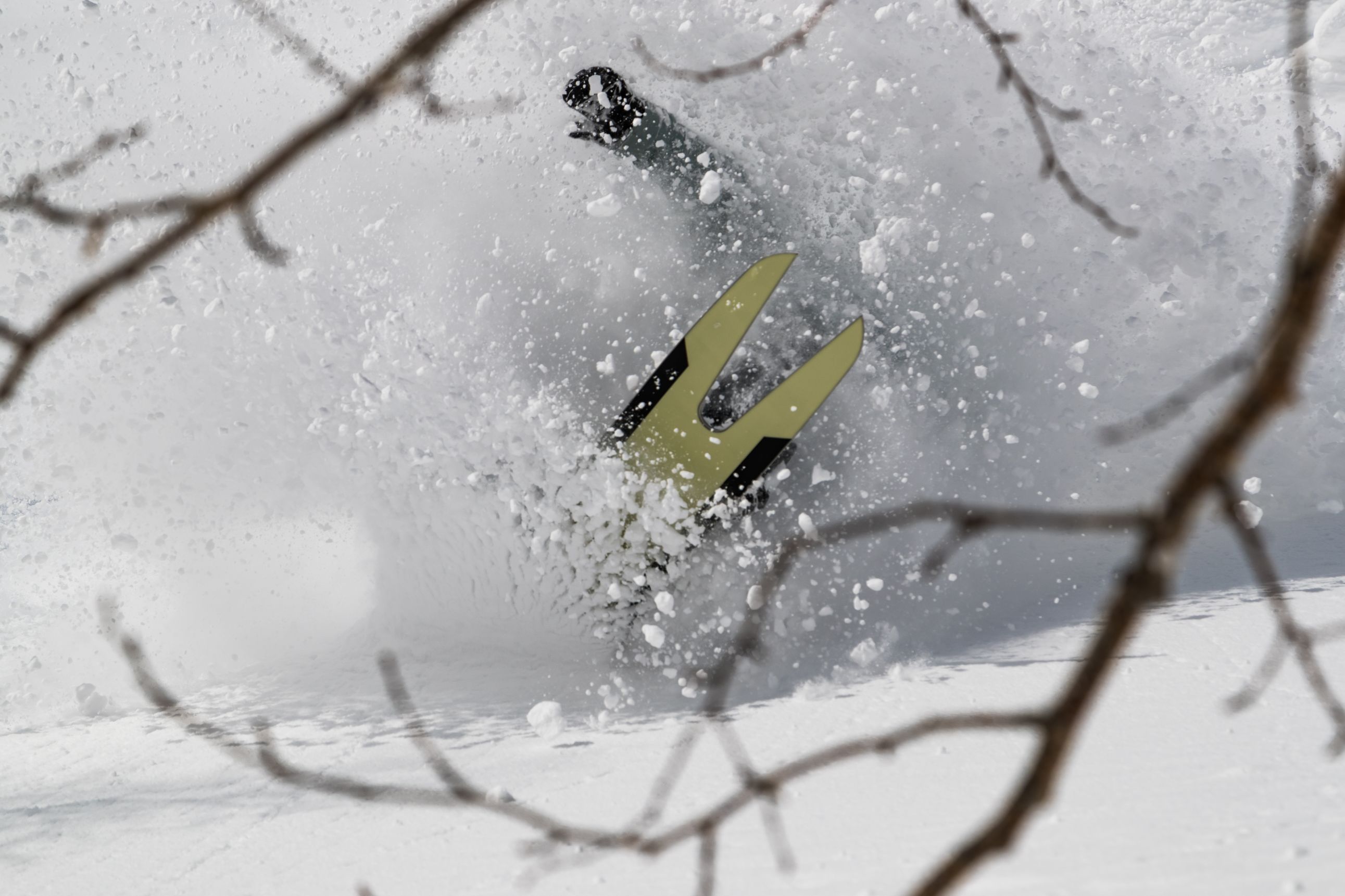 Tale of snowboard through cloud of snow. 