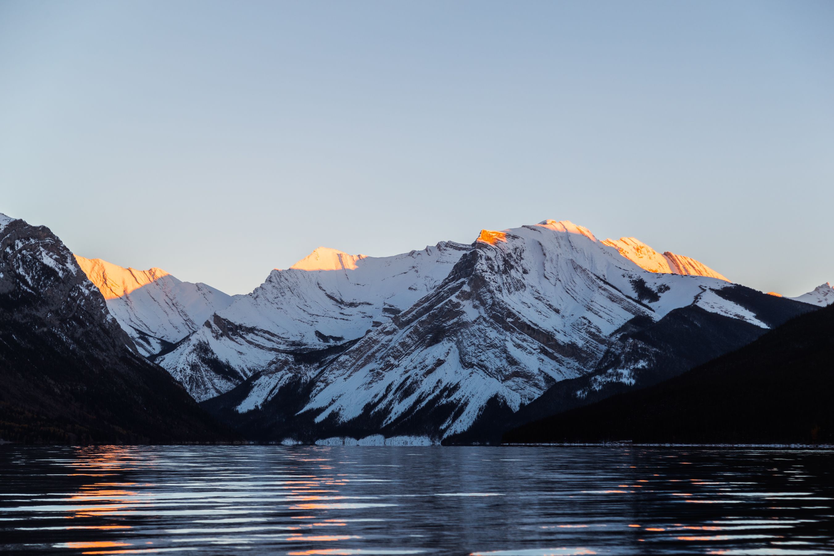 Last light hitting the peaks of snowy mountains. 
