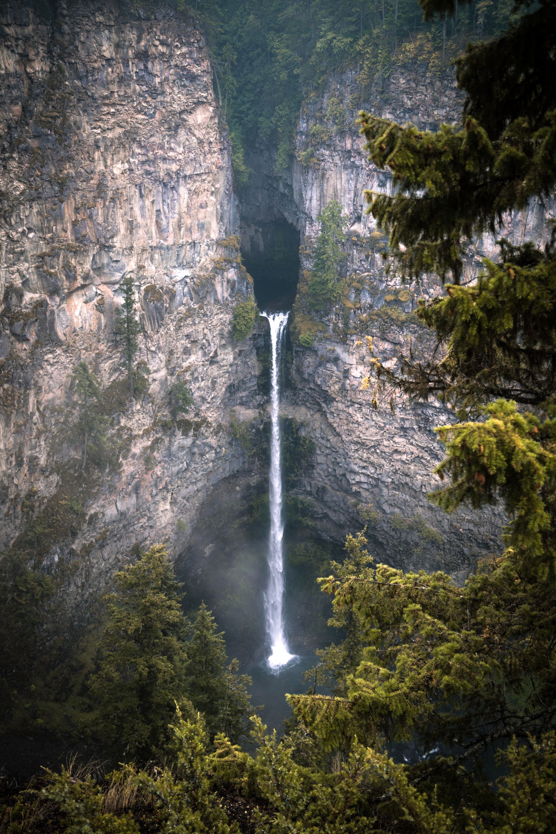 Thin waterfall set amongst forest.